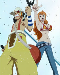 Rule 34 | 1boy, 1girl, bare shoulders, bikini, bikini top only, black hair, breasts, clima-tact, facial hair, goatee, goggles, gradient background, highres, long hair, nami (one piece), navel, one piece, open mouth, orange hair, pointing, punk hazard, screencap, standing, stitched, suspenders, swimsuit, third-party edit, usopp
