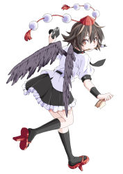 Rule 34 | 1girl, belt, bird wings, black hair, black necktie, black skirt, black socks, black wings, calligraphy brush, camera, commentary, feathered wings, from side, full body, geta, hair between eyes, hat, highres, holding, holding camera, holding notepad, inuno rakugaki, kneehighs, leaning forward, looking at viewer, looking back, messy hair, mouth hold, necktie, notepad, outstretched arms, paintbrush, petticoat, pom pom (clothes), puffy short sleeves, puffy sleeves, red eyes, red footwear, red hat, shameimaru aya, shirt, short hair, short sleeves, simple background, skirt, smile, socks, solo, spread arms, standing, standing on one leg, tengu-geta, tokin hat, touhou, untucked shirt, white background, white shirt, wings, wrist cuffs