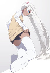 Rule 34 | 1girl, ass, blue eyes, commentary request, dark-skinned female, dark skin, foreshortening, from behind, from below, kneeling, long hair, long sleeves, looking at viewer, no shoes, original, panties, school uniform, shirt, simple background, skindentation, skirt, soles, solo, sweater, tan, thighhighs, underwear, unimon e, very long hair, white background, white hair, white thighhighs