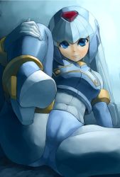 Rule 34 | 1girl, android, arm support, blue eyes, bodysuit, boots, breasts, cameltoe, capcom, commentary request, covered navel, gloves, hand on own leg, head tilt, helmet, high heels, highres, holding leg, leaning back, leg up, fairy leviathan (mega man), looking at viewer, medium breasts, rati (absoluteblue), mega man (series), mega man zero (series), sitting, smile, solo, thigh boots, thighhighs, white gloves