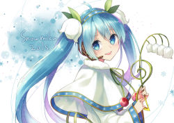 Rule 34 | 10s, 1girl, 2015, blue eyes, blue hair, blush, capelet, character name, flower, hatsune miku, headset, lily of the valley, long hair, looking at viewer, matching hair/eyes, smile, snowflake print, snowflakes, solo, tika (mika4975), twintails, very long hair, vocaloid, yuki miku
