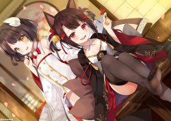 Rule 34 | 2girls, :d, aged down, akagi-chan (azur lane), animal ears, azur lane, bare shoulders, bell, black hair, black kimono, black thighhighs, blush, breasts, brown hair, collarbone, dress, fang, feet, fox ears, fox girl, fox tail, hair bell, hair ornament, hakama, hakama short skirt, hakama skirt, hiei-chan (azur lane), horns, indoors, japanese clothes, kimono, kurot, long sleeves, looking at viewer, multiple girls, multiple tails, no shoes, open mouth, pleated skirt, red eyes, red skirt, short dress, short hair, skirt, small breasts, smile, tail, thighhighs, twintails, white dress, wide sleeves, yellow eyes