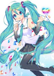 Rule 34 | 1girl, aqua eyes, aqua hair, artist name, bad id, bad pixiv id, boots, detached sleeves, gem, hair between eyes, hatsune miku, headset, highres, inioli, long hair, looking at viewer, nail polish, necktie, number tattoo, open mouth, skirt, solo, spring onion, tattoo, thigh boots, thighhighs, twintails, very long hair, vocaloid, white background