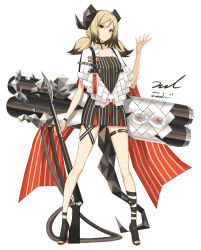 Rule 34 | 1girl, ankle wrap, arknights, black choker, black dress, black footwear, black hair, blonde hair, breasts, canister, choker, cleavage, closed mouth, commentary, dated, demon horns, demon tail, dress, flamethrower, full body, grin, hair between eyes, highres, horns, ifrit (arknights), jacket, looking at viewer, medium breasts, medium hair, multicolored hair, off-shoulder dress, off shoulder, orange eyes, rhine lab logo, short dress, signature, simple background, smile, solo, standing, strap, striped clothes, striped dress, tail, thigh strap, thighs, tiptoes, twintails, twitter username, two-tone hair, unel, vertical-striped clothes, vertical-striped dress, weapon, white background, white jacket