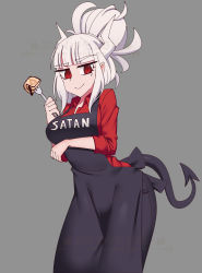 Rule 34 | 1girl, apron, arm under breasts, artist logo, black apron, blunt bangs, clothes writing, commentary, cowfee, demon girl, demon tail, english commentary, fork, grey background, hair up, helltaker, highres, horns, looking at viewer, lucifer (helltaker), mole, mole under eye, ponytail, red eyes, red shirt, shirt, simple background, smile, solo, tail, watermark, white hair, white horns, wing collar