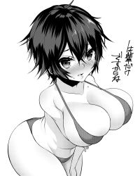 Rule 34 | 1girl, bare shoulders, bikini, blush, breasts, chikage (blackclownery), greyscale, hair between eyes, highres, large breasts, looking at viewer, monochrome, open mouth, persona, persona 4, shirogane naoto, short hair, simple background, solo, swimsuit, tomboy, white background