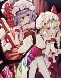 Rule 34 | 2girls, :p, bat wings, blonde hair, blouse, blush, bobby socks, bow, brooch, closed mouth, collared shirt, commentary, couch, crystal, drill hair, eyebrows hidden by hair, fingernails, flandre scarlet, frilled shirt collar, frilled skirt, frills, hair ornament, hand on another&#039;s head, hat, hat bow, hat ribbon, head rest, highres, jewelry, looking at another, looking at viewer, lying on lap, mary janes, medium hair, mob cap, multiple girls, nail polish, on couch, one side up, pink shirt, puffy short sleeves, puffy sleeves, purple hair, red bow, red eyes, red footwear, red nails, red ribbon, red skirt, red vest, remilia scarlet, ribbon, shirt, shoes, short sleeves, siblings, sisters, sitting, skirt, skirt set, smile, socks, tongue, tongue out, touhou, vest, waist bow, white bow, white headwear, white shirt, white socks, wings, wrist cuffs, zabu rou
