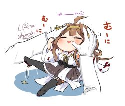 Rule 34 | 1girl, 1other, ahoge, artist logo, boots, brown hair, brown skirt, chibi, closed eyes, commentary request, detached sleeves, double bun, hair bun, hairband, hakama, hakama short skirt, hakama skirt, hands on another&#039;s head, headgear, highres, japanese clothes, kantai collection, kongou (kancolle), long hair, lr hijikata, mini person, minigirl, ribbon-trimmed sleeves, ribbon trim, simple background, skirt, thigh boots, thighhighs, twitter username, white background