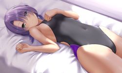 Rule 34 | 1girl, bed, black one-piece swimsuit, breasts, cafe stella to shinigami no chou, commentary request, competition swimsuit, covered navel, cowboy shot, eyes visible through hair, green eyes, hair over one eye, highres, hiuchidani mei, looking at viewer, low twintails, ncontrail (mgax7527), one-piece swimsuit, purple hair, short hair, small breasts, smile, solo, swimsuit, twintails