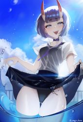Rule 34 | 1girl, absurdres, backlighting, black one-piece swimsuit, blouse, bob cut, breasts, collared shirt, eyeliner, fate/grand order, fate (series), highres, horns, looking at viewer, magictuna, makeup, narrow waist, one-piece swimsuit, oni, open mouth, purple eyes, purple hair, shirt, short hair, shuten douji (fate), skin-covered horns, small breasts, smile, solo, swimsuit, swimsuit under clothes, thighs, wading, wet, wet clothes, white shirt, wide hips