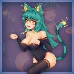 Rule 34 | 1girl, animal ear fluff, animal ears, bare shoulders, black leotard, black sleeves, black thighhighs, breasts, cat ears, cat girl, cat tail, cleavage, commentary, covered erect nipples, covered navel, detached sleeves, electricity, facial mark, fang, green hair, hair between eyes, highres, large breasts, leotard, long hair, looking at viewer, open mouth, orange eyes, original, paw pose, smile, solo, symbol-only commentary, tail, thighhighs, wlper
