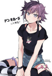 Rule 34 | 1boy, bare arms, black bra, black shirt, black thighhighs, blue shorts, bow, bra, bra strap, bracelet, closed mouth, collarbone, commentary request, crossdressing, crossed legs, dated, earrings, garter straps, grey eyes, hair ornament, highres, hiiragi jun, jewelry, key earrings, kuromi, lock, lock earrings, looking at viewer, male focus, onegai my melody, pink bow, potti-p, purple bow, purple hair, sanrio, shirt, shirt tucked in, short hair, shorts, simple background, sitting, solo, striped clothes, striped thighhighs, thighhighs, translation request, trap, underwear, white background, white thighhighs