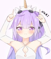 Rule 34 | 1girl, :t, arms up, azur lane, black ribbon, blush, closed mouth, criss-cross halter, detached sleeves, dress, hair bun, hair ribbon, halterneck, horns pose, long hair, long sleeves, looking at viewer, on head, one side up, pout, purple background, purple eyes, purple hair, ribbon, side bun, simple background, single hair bun, single side bun, sleeveless, sleeveless dress, sleeves past wrists, solo, stuffed animal, stuffed pegasus, stuffed toy, stuffed unicorn, stuffed winged unicorn, unicorn (azur lane), very long hair, wavy mouth, white dress