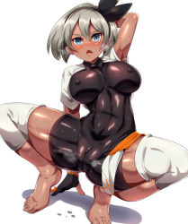 Rule 34 | 1girl, abs, bad id, bad pixiv id, barefoot, bea (pokemon), black gloves, bodysuit, bodysuit under clothes, breasts, cameltoe, covered erect nipples, covered navel, creatures (company), dark-skinned female, dark skin, game freak, gloves, grey eyes, grey hair, gym leader, hairband, highres, large breasts, looking at viewer, magukappu, nintendo, pokemon, pokemon swsh, ribbon, shiny skin, shirt, short hair, short sleeves, shorts, simple background, skin tight, solo, spread legs, sweat, thick thighs, thighs, white background, white shirt, wristband