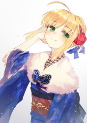 Rule 34 | 1girl, ahoge, artoria pendragon (all), artoria pendragon (fate), bad id, bad twitter id, blonde hair, blue kimono, blush, braid, braided bun, closed mouth, commentary, english commentary, fate/stay night, fate (series), flower, fur-trimmed kimono, fur trim, green eyes, hair bun, hair flower, hair ornament, hand up, head tilt, highres, japanese clothes, kimono, long sleeves, looking at viewer, obi, official alternate costume, red flower, red rose, rose, saber (fate), saber (first sunrise) (fate), sash, simple background, smile, solo, tsu (lovesick1964), upper body, white background, wide sleeves