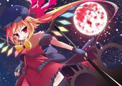 Rule 34 | 1girl, alternate costume, bad id, bad pixiv id, bell (artist), bell (oppore coppore), female focus, flandre scarlet, hat, highres, moon, night, red moon, solo, star (symbol), touhou, weapon, wings