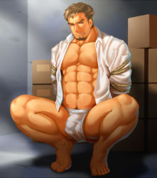 Rule 34 | 1boy, abs, arms behind back, bad id, bad pixiv id, bara, bound, bound arms, briefs, brown hair, bulge, covered penis, facial hair, goatee, large pectorals, looking at viewer, male focus, male underwear, mature male, muscular, muscular male, navel, navel hair, no pants, open clothes, open shirt, original, pectoral cleavage, pectorals, saolin (wudangx), short hair, sideburns, solo, squatting, stomach, thick thighs, thighs, underwear, white male underwear