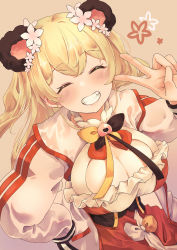 Rule 34 | 1girl, animal ears, bad id, bad twitter id, bear ears, blonde hair, blush, breasts, cleavage, cleavage cutout, clothing cutout, double bun, flower, green eyes, hair between eyes, hair bun, hair flower, hair ornament, highres, hololive, long hair, looking at viewer, mochiyuki (gigfor1), momosuzu nene, open mouth, smile, solo, v, virtual youtuber