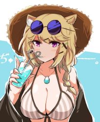 Rule 34 | 1girl, animal ear fluff, animal ears, aqua background, aqua nails, arknights, bare shoulders, blonde hair, braid, breasts, cleavage, cloud, commentary request, crazy straw, cup, drinking, drinking glass, drinking straw, eyewear on head, hand up, hat, heart straw, heka=ton, highres, holding, holding cup, jewelry, large breasts, long hair, looking at viewer, nail polish, off shoulder, official alternate costume, open clothes, pendant, purple eyes, solo, stomach, sun hat, sunglasses, swimsuit cover-up, twin braids, two-tone background, upper body, utage (arknights), utage (summer flowers) (arknights), white background