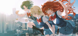 Rule 34 | 3girls, absurdres, asymmetrical bangs, black footwear, blonde hair, blue eyes, blue hair, blue skirt, building, cat, chinese commentary, cityscape, day, flying, hairband, highres, holding hands, kneehighs, long hair, looking at viewer, multiple girls, open mouth, original, outdoors, outstretched arm, outstretched hand, pleated skirt, red-framed eyewear, red eyes, red hair, school uniform, short hair, sidelocks, skirt, sky, socks, vest, weibo logo, weibo watermark, yellow eyes, z3zz4