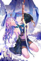 Rule 34 | 1girl, bare shoulders, crack, crop top, detached sleeves, grey eyes, head tilt, heterochromia, holding, holding sword, holding weapon, leaning to the side, long hair, long sleeves, looking at viewer, oni, original, parted lips, purple hair, red eyes, sitting, skirt, solo, sword, weapon, yamakawa