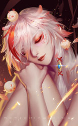 Rule 34 | 1girl, breasts, closed eyes, closed mouth, eyeshadow, feathers, fire, fire, fu hua, fu hua (phoenix), glint, gold trim, gradient hair, hair between eyes, hair ornament, hand on own knee, head on knees, highres, honkai (series), honkai impact 3rd, light particles, long hair, makeup, multicolored hair, mxz15926, nude, red hair, red lips, silver hair, sitting, smile, solo, streaked hair, turquoise (gemstone)