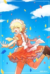 Rule 34 | 1girl, apron, birthday, blonde hair, blue sky, cafe mew mew uniform, cloud, confetti, dated, fong pudding, hs1122, maid, maid headdress, open mouth, short hair, sky, smile, solo, tokyo mew mew, uniform, waitress