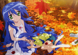 Rule 34 | 00s, 2girls, :3, against tree, age difference, autumn, autumn leaves, barefoot, blue hair, dress, feet, green eyes, hand on another&#039;s head, highres, izumi kanata, izumi konata, lap pillow, leaf, long hair, lucky star, lying, mother and daughter, multiple girls, on side, sakamoto kazuya, shoes, unworn shoes, shorts, sitting, sleeping, tree, very long hair, white dress