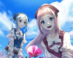 Rule 34 | 2girls, bandana, belt, blue eyes, blue hair, blue sky, buttons, cloud, danno gs, day, felicia (fire emblem), fire emblem, fire emblem fates, fire emblem heroes, flora (fire emblem), flower, grey eyes, highres, long hair, long sleeves, multiple girls, nintendo, open mouth, outdoors, pink hair, siblings, sisters, sky, twins, twintails