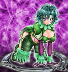 Rule 34 | 1041 (toshikazu), 1girl, all fours, blade, breasts, cleavage, eiserne drossel (weapon), green hair, jewelry, large breasts, looking at viewer, purple eyes, ring, ring blade, solo, soul calibur, soulcalibur, soulcalibur iii, tira (soulcalibur), weapon