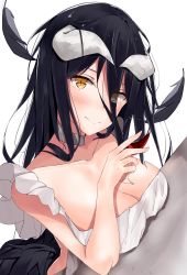 Rule 34 | 1girl, albedo (overlord), alcohol, bad id, bad twitter id, black hair, blush, breasts, choker, cleavage, collarbone, cup, demon girl, drinking glass, eyes visible through hair, feathers, highres, horns, large breasts, long hair, looking at viewer, overlord (maruyama), simple background, slit pupils, smile, solo, very long hair, viewran, white background, wine, wine glass, yellow eyes