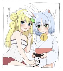 Rule 34 | 2girls, animal ear fluff, animal ears, armpit crease, bare arms, bare shoulders, bell, blonde hair, blue eyes, blue hair, blush, breasts, casual, chitose sana, clenched hand, controller, cowboy shot, double bun, eyes visible through hair, fox ears, game controller, green eyes, hair between eyes, hair bun, hand up, highres, holding, holding controller, holding game controller, japanese clothes, jingle bell, kimono, light blue hair, long hair, long sleeves, looking at viewer, multiple girls, neck bell, open mouth, playing games, rindou ruri, shirt, short hair, side-by-side, simple background, small breasts, strapless, strapless shirt, tenshinranman, tft (tft7822), translated, tsurime, two side up, v-shaped eyebrows, white background, white kimono, white shirt, wide sleeves