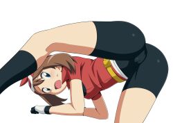 Rule 34 | 1girl, ass, bandana, bike shorts, black shorts, black socks, blue eyes, breasts, brown hair, cameltoe, cleft of venus, creatures (company), fanny pack, from behind, game freak, gloves, highres, may (pokemon), nintendo, open mouth, pokemon, pokemon rse, red bandana, red shirt, shirt, short sleeves, shorts, simple background, small breasts, socks, solo, spread legs, suitenan, sweatdrop, white background