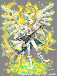 Rule 34 | 1girl, ;), alternate costume, aqua eyes, blonde hair, grey background, guitar, instrument, ixima, kagamine rin, looking at viewer, magician wiz (game), one eye closed, open mouth, short hair, shorts, smile, solo, star (symbol), vocaloid, wings