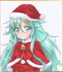 Rule 34 | 1girl, bell, capelet, christmas, fur-trimmed capelet, fur-trimmed headwear, fur trim, green eyes, green hair, hair between eyes, hair flaps, hair ornament, hairclip, hat, highres, kantai collection, long hair, looking at viewer, marker (medium), neck bell, parted bangs, ponytail, red capelet, red hat, santa costume, santa hat, sidelocks, smile, solo, star (symbol), star hair ornament, traditional media, yamakaze (kancolle), yuuki chima
