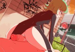 Rule 34 | 1boy, 1girl, animated, animated gif, anus, ass, breasts, civibes, cleft of venus, english text, from behind, girl on top, grinding, looking back, one-punch man, outdoors, penis, pussy, rubbing, small breasts, tatsumaki, uncensored