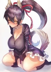 Rule 34 | 10s, 1girl, a (show by rock!!), animal ears, black hair, black socks, blush, breasts, cleavage, covered erect nipples, female focus, fox ears, fox tail, gradient background, hamuya9, japanese clothes, kimono, kimono skirt, kneehighs, kneeling, large breasts, long hair, looking at viewer, ponytail, seiza, show by rock!!, sitting, socks, solo, tail, yellow eyes