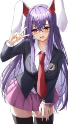 Rule 34 | 1girl, 7saki, absurdres, animal ears, bad id, bad pixiv id, blazer, blouse, breasts, collared shirt, highres, jacket, large breasts, light purple hair, long hair, long sleeves, looking at viewer, miniskirt, necktie, pink skirt, pleated skirt, purple hair, rabbit ears, red eyes, red necktie, reisen udongein inaba, shirt, simple background, skirt, solo, thighhighs, touhou, v, very long hair, white background, white shirt