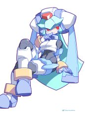 Rule 34 | 1girl, android, armor, blue hair, closed mouth, crossed legs, finger to mouth, full body, highres, huanxiang huifeng, invisible chair, long hair, looking to the side, mega man (series), mega man zx, pandora (mega man), red eyes, robot, simple background, sitting, smile, solo, twintails, very long hair, white background