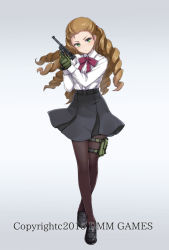 Rule 34 | 1girl, belt, black footwear, black skirt, bow, brown hair, brown pantyhose, character request, dated, drill hair, full body, gloves, green eyes, green gloves, gun, handgun, hands up, holding, holding gun, holding weapon, long hair, looking at viewer, official art, original, pantyhose, pistol, quad drills, red bow, school uniform, shamonor, shirt, shoes, shooting girl, simple background, skirt, solo, standing, thigh strap, watermark, weapon, white shirt