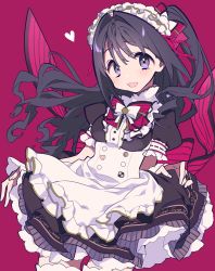 Rule 34 | 1girl, :d, alternate costume, apron, black hair, blush, bow, bowtie, commentary request, cowboy shot, enmaided, floating hair, frilled hairband, frills, hair intakes, hair ribbon, hairband, heart, highres, idolmaster, idolmaster cinderella girls, long hair, looking at viewer, maid, maid apron, maid headdress, mochizuki kei, one side up, open mouth, pink background, pink bow, pink bowtie, pink ribbon, puffy short sleeves, puffy sleeves, purple eyes, ribbon, shimamura uzuki, short sleeves, simple background, smile, solo, standing, thighhighs, white apron, white thighhighs