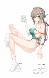 Rule 34 | 1girl, alternate costume, barefoot, breasts, brown hair, commentary request, feet, full body, green eyes, green one-piece swimsuit, hair between eyes, hair ornament, hairclip, highres, honkai: star rail, honkai (series), inniyik, large breasts, legs, long hair, looking at viewer, one-piece swimsuit, qingque (honkai: star rail), simple background, single sock removed, smile, socks, soles, solo, swimsuit, thighs, toes, white background, white socks