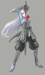 Rule 34 | 1girl, alternate costume, armor, blue eyes, gloves, high heels, long hair, quilted jacket, rapier, rwby, scar, serious, side ponytail, simple background, solo, sword, weapon, weiss schnee, white hair