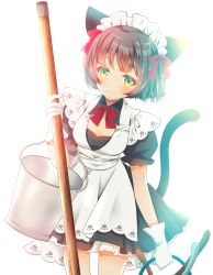 Rule 34 | 1girl, animal ears, blue eyes, blush, bow, breasts, brown hair, bucket, cat ears, cat tail, closed mouth, gloves, hair ribbon, highres, holding, holding bucket, looking at viewer, maid, maid headdress, medium breasts, multicolored eyes, original, red bow, red ribbon, revision, ribbon, sheepd, short hair, smile, solo, tail, white gloves, yellow eyes