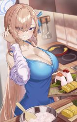 Rule 34 | 1girl, asuna (blue archive), blonde hair, blue archive, blue dress, blue eyes, blue ribbon, blush, bowl, breasts, commentary request, dress, egg, food, grin, hand up, highres, indoors, large breasts, long hair, long sleeves, looking at viewer, mole, mole on breast, o-los, off shoulder, onigiri, ribbon, rice, sleeveless, sleeveless dress, smile, solo, spaghetti strap, upper body, very long hair