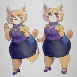 Rule 34 | aggressive retsuko, bag, black nails, blush stickers, bracelet, brown fur, closed eyes, closed mouth, earrings, eyelashes, eyeliner, full body, furry, furry female, grey background, handbag, holding, holding bag, jewelry, makeup, mature female, nail polish, necklace, necklave, parted lips, pencil skirt, purple footwear, purple sweater, red panda, red panda ears, red panda girl, red panda tail, retsuko&#039;s mother, ring, simple background, skirt, sleeveless, sleeveless turtleneck, smile, standing, standing on one leg, sweater, turtleneck, xu53r