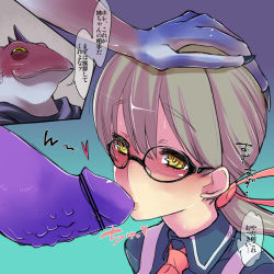 Rule 34 | 1girl, blush, censored, ascot, fellatio, frog, glasses, hair ribbon, hand on another&#039;s head, interspecies, large penis, long hair, nagisa (reizoku ichiba), oral, penis, penis on face, pointless censoring, ponytail, reizoku ichiba, ribbon, silver hair, solo focus, terui hijiri, text focus, thought bubble, translation request, yellow eyes