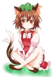 Rule 34 | 1girl, :/, animal ear fluff, animal ears, bare legs, between legs, blush, bow, bowtie, breasts, brown eyes, brown hair, cat ears, cat tail, chen, closed mouth, crossed ankles, dress, earrings, expressionless, full body, gold trim, grass, hand between legs, hands on lap, hat, jewelry, juliet sleeves, long sleeves, looking at viewer, mob cap, multiple tails, nekomata, no socks, petite, puffy sleeves, red dress, shiromamekei, short hair, simple background, single earring, sitting, small breasts, solo, tail, touhou, two tails, v arms, white background, white bow, white bowtie