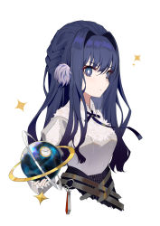 Rule 34 | 1girl, absurdres, arknights, armillary sphere, astesia (arknights), ball, blue eyes, blue hair, braid, celestial globe, cropped torso, crystal, crystal ball, diamond-shaped pupils, diamond (shape), hair intakes, hair ornament, highres, long hair, looking at viewer, looking to the side, shirt, simple background, solo, sparkle, symbol-shaped pupils, torry912, white background, white shirt