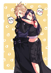 Rule 34 | !, 1boy, 1girl, apron, arm ribbon, babigonice, bare shoulders, black apron, black gloves, black hair, black shorts, black sleeves, black vest, blonde hair, blue eyes, blush, border, breasts, closed mouth, cloud strife, commentary request, couple, crop top, detached sleeves, earrings, embarrassed, final fantasy, final fantasy vii, final fantasy vii advent children, fried egg, gloves, hair behind ear, heart, hetero, high collar, highres, holding hands, jewelry, kiss, kissing hand, large breasts, long hair, looking at another, midriff, navel, one eye closed, outside border, red eyes, red ribbon, ribbed shirt, ribbon, shirt, short hair, shorts, single detached sleeve, single earring, speech bubble, spiked hair, standing, stud earrings, swept bangs, tank top, teardrop earring, tifa lockhart, vest, waist apron, white border, white tank top
